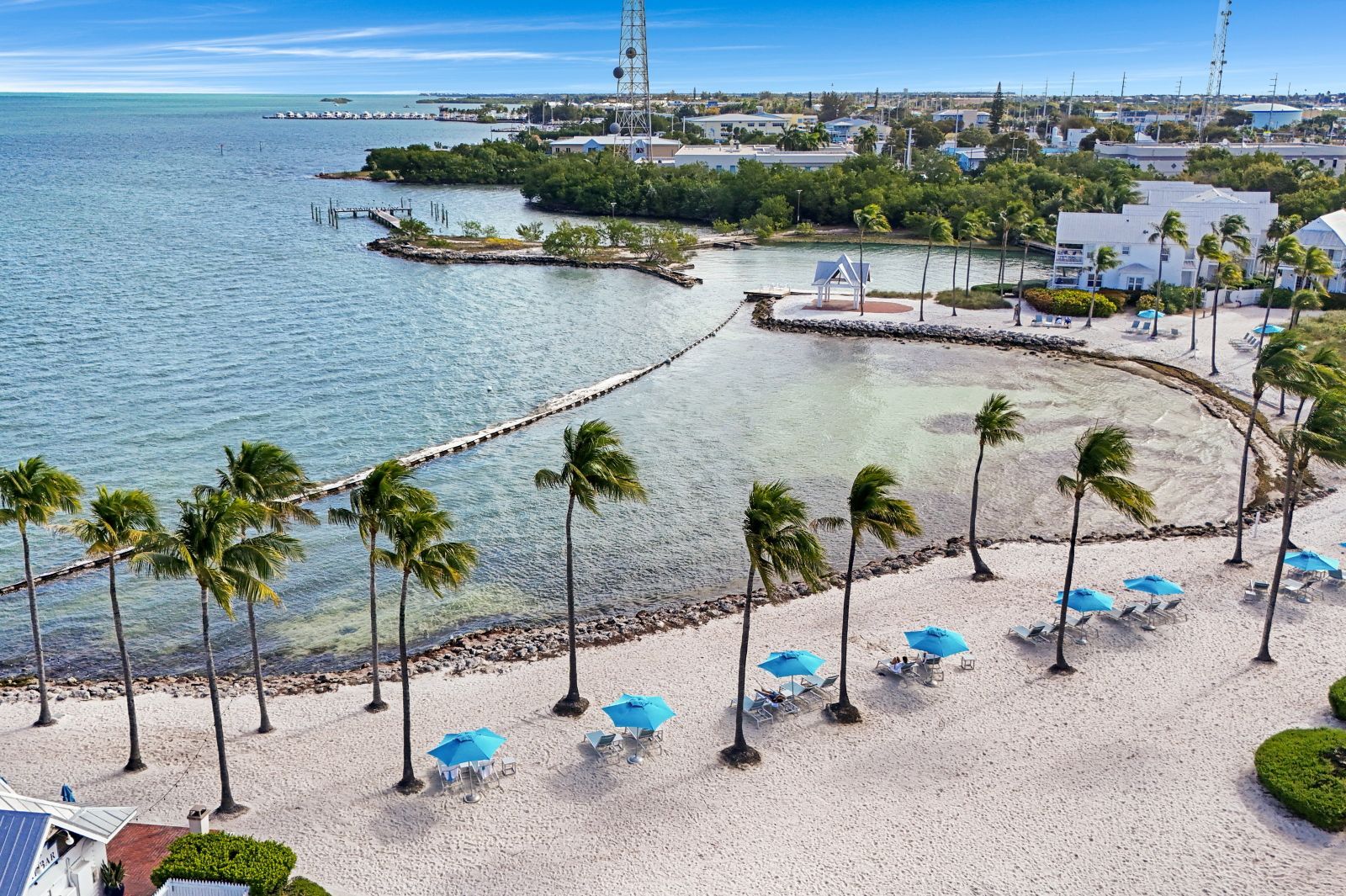 A beach with palm trees, clear water, and a pier extending into the sea.
