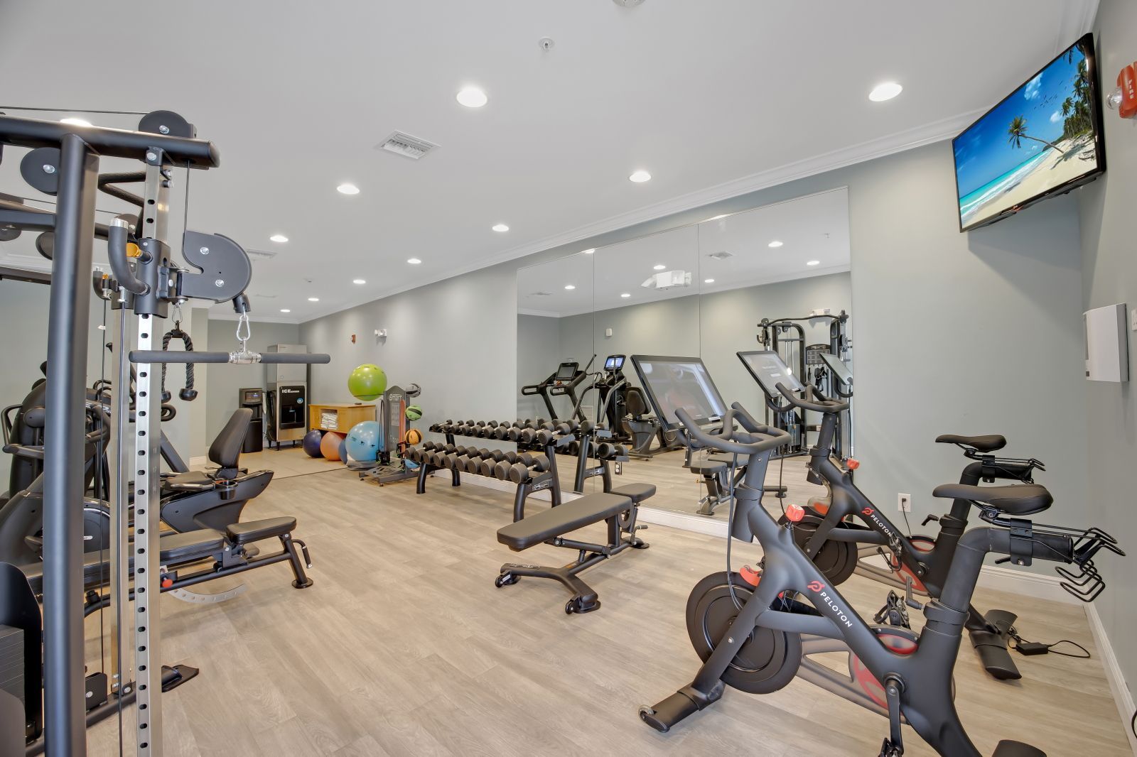 A gym with various exercise equipment, including treadmills, stationary bikes, and weight machines.