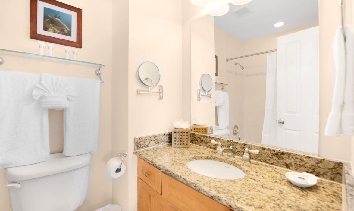 A bathroom with a toilet, sink, and mirrors.