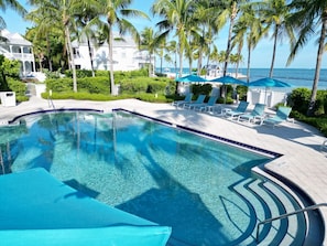 A clear swimming pool with lounge chairs and umbrellas, surrounded by palm trees and a view of the ocean.