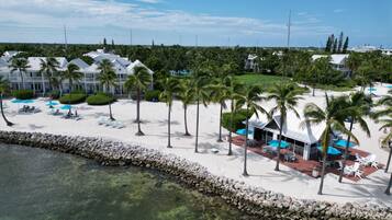 A resort with a beach, palm trees, and clear water.