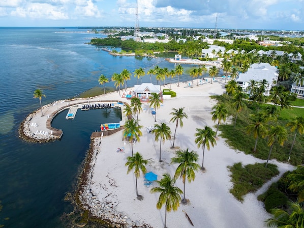 A coastal property with a marina, beach, and palm trees.