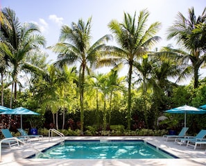 Une piscine entourée de palmiers, avec des chaises longues et des parasols.