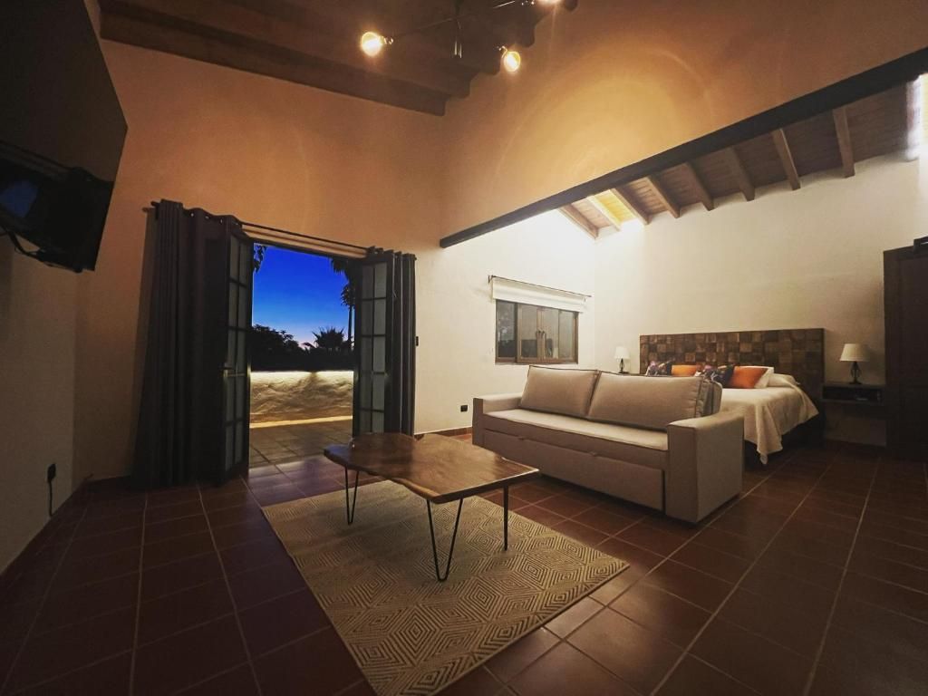 A living room with a sofa, a coffee table, and a view through a glass door.