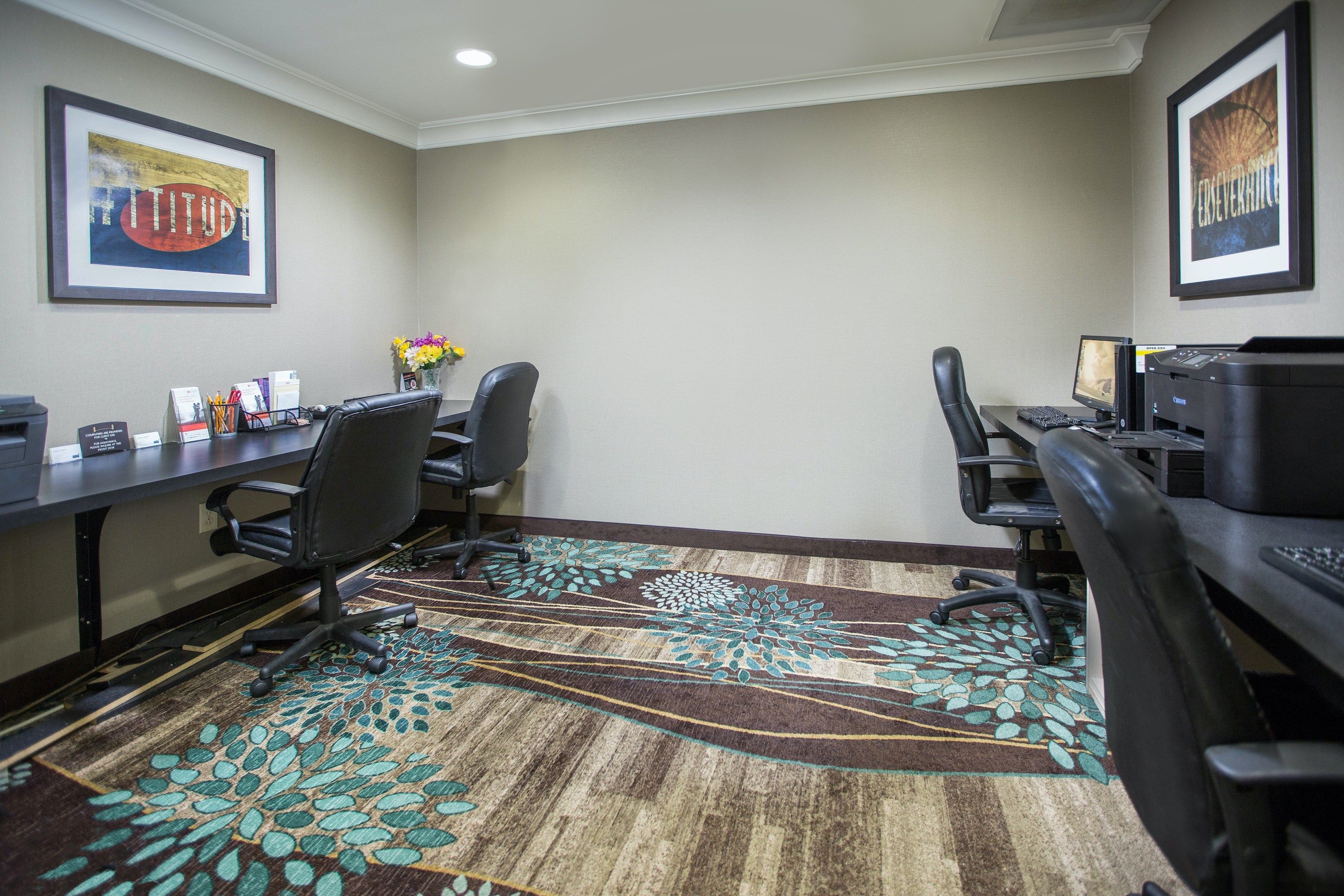 A conference room with two desks, chairs, computers, and a carpet with a leaf pattern.