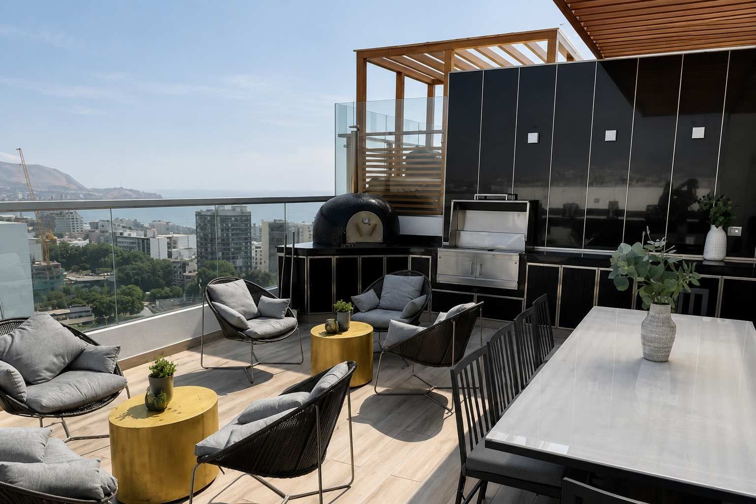 A rooftop terrace with a dining area, seating, a grill, and a view of the cityscape.