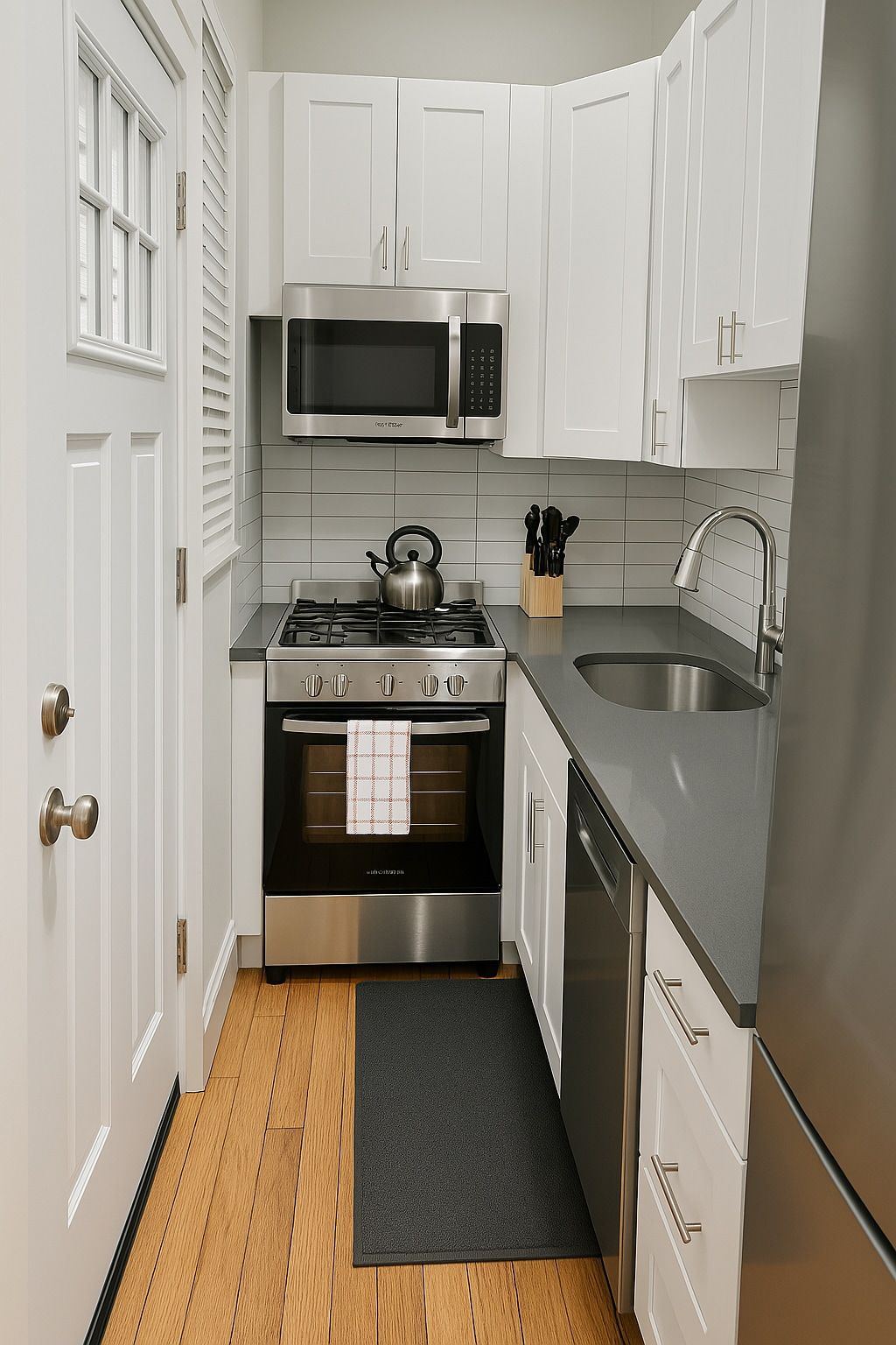 A compact kitchen with white cabinetry, a stainless steel stove, a microwave, a sink, and a refrigerator.
