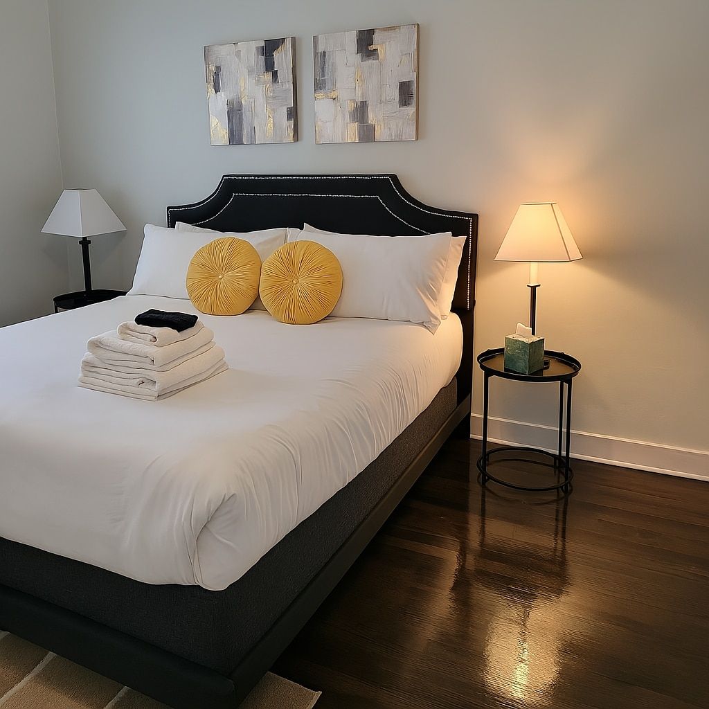 A neatly made bed with white linens, two decorative pillows, and a stack of folded towels. There are two bedside tables, one with a lamp and the other with a tissue box. The room has a dark wood floor and light-colored walls.