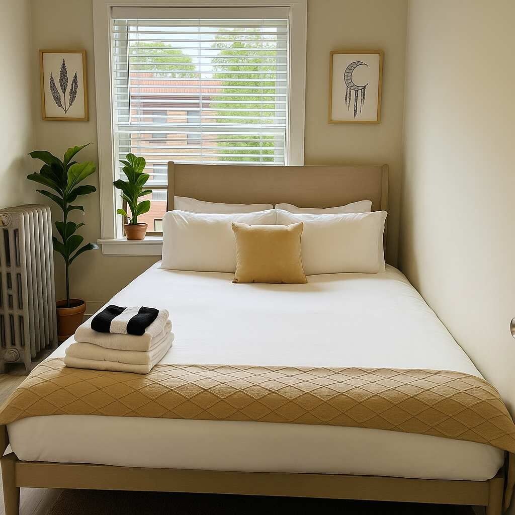 A neatly made bed with a quilted headboard, a bedside plant, and a radiator.