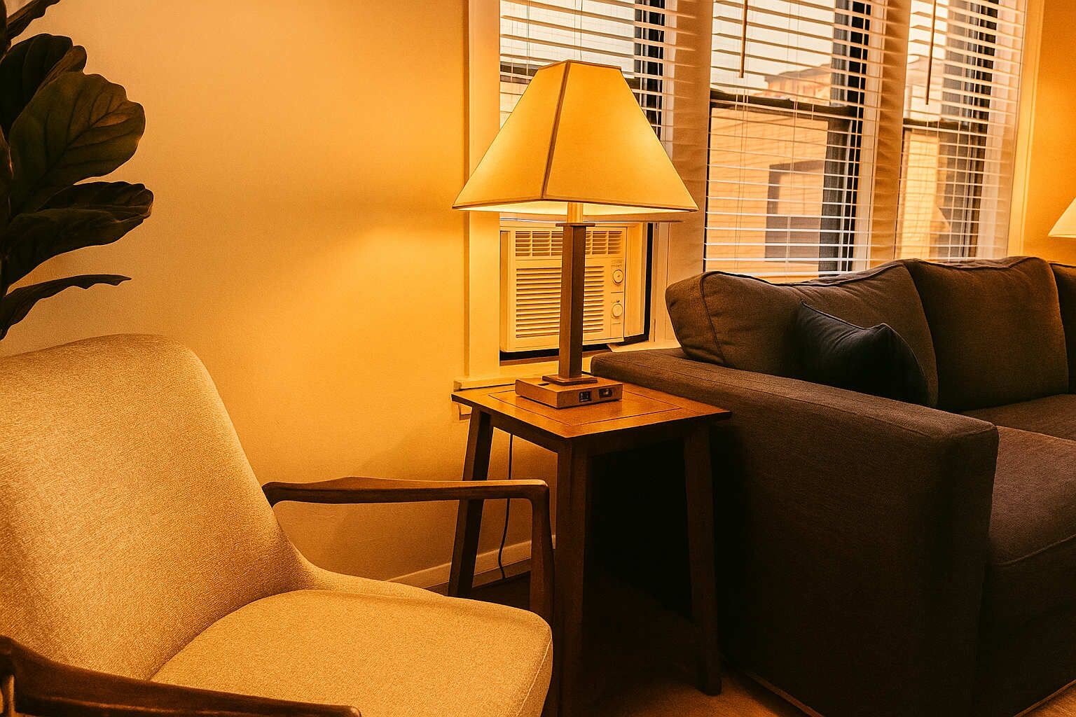 A cozy living room with a sofa, a chair, a table with a lamp, and a large plant.
