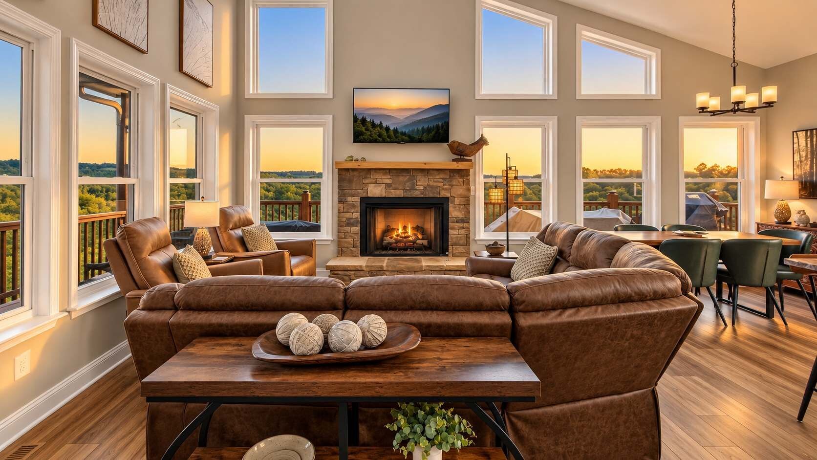 A spacious living room with a fireplace, leather sofas, and a dining area with a view.
