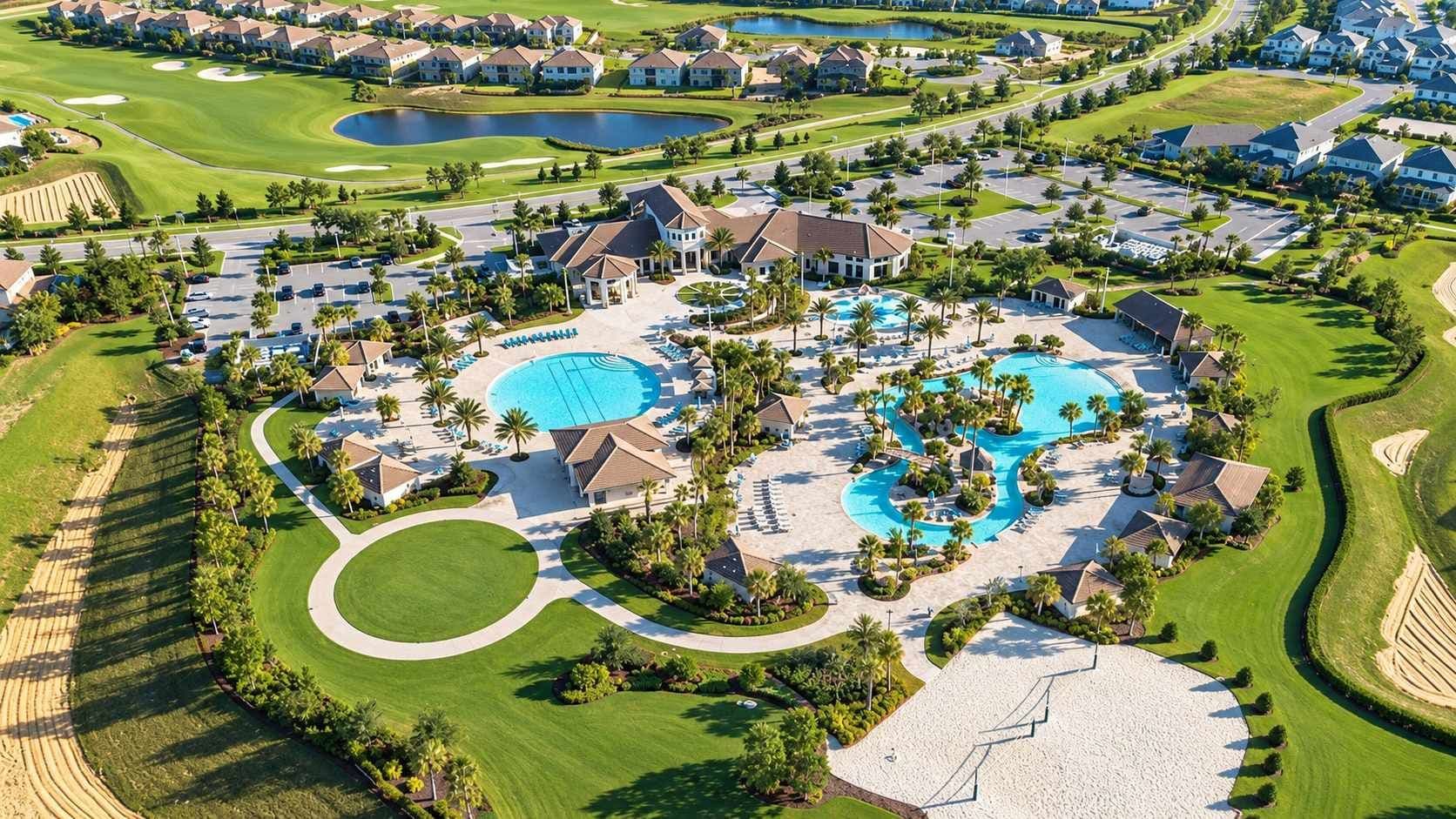 Un campo de golf con una zona de piscina, varios edificios y céspedes bien cuidados.