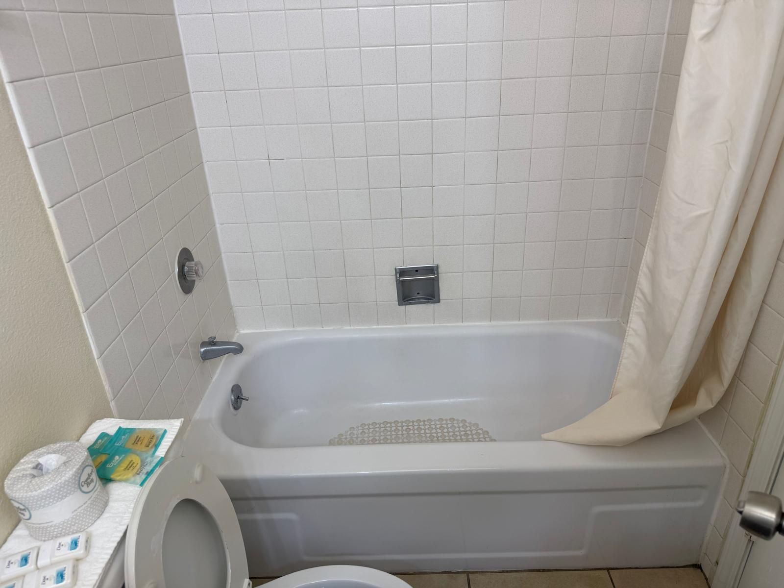 A bathroom with a bathtub, toilet, and a shower curtain.