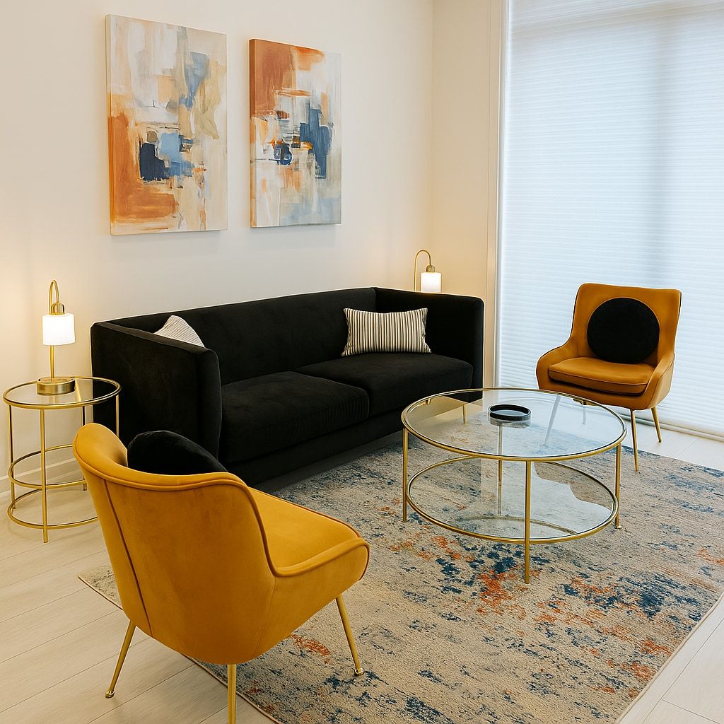 Uma sala de estar moderna com um sofá preto, uma poltrona amarela, uma mesa de centro de vidro e quadros abstratos nas paredes.