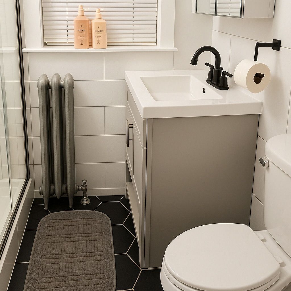 A compact bathroom with a toilet, sink, and window.