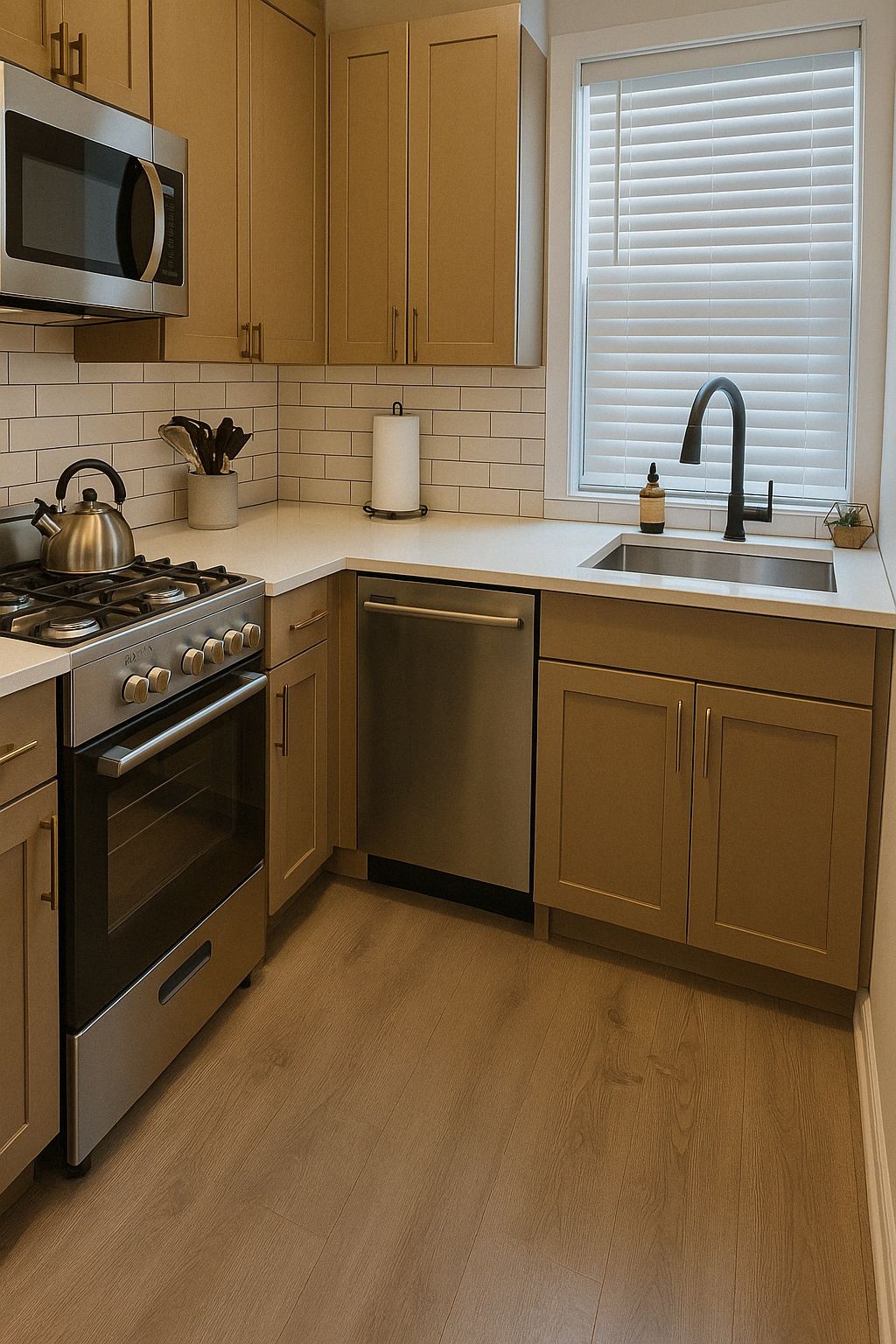A modern kitchen with stainless steel appliances, wooden cabinets, and a window with blinds.