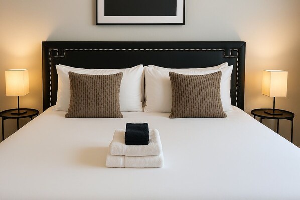Een netjes opgemaakt bed met een zwart hoofdbord, twee bedlampen en een ingelijst beeld boven het bed.