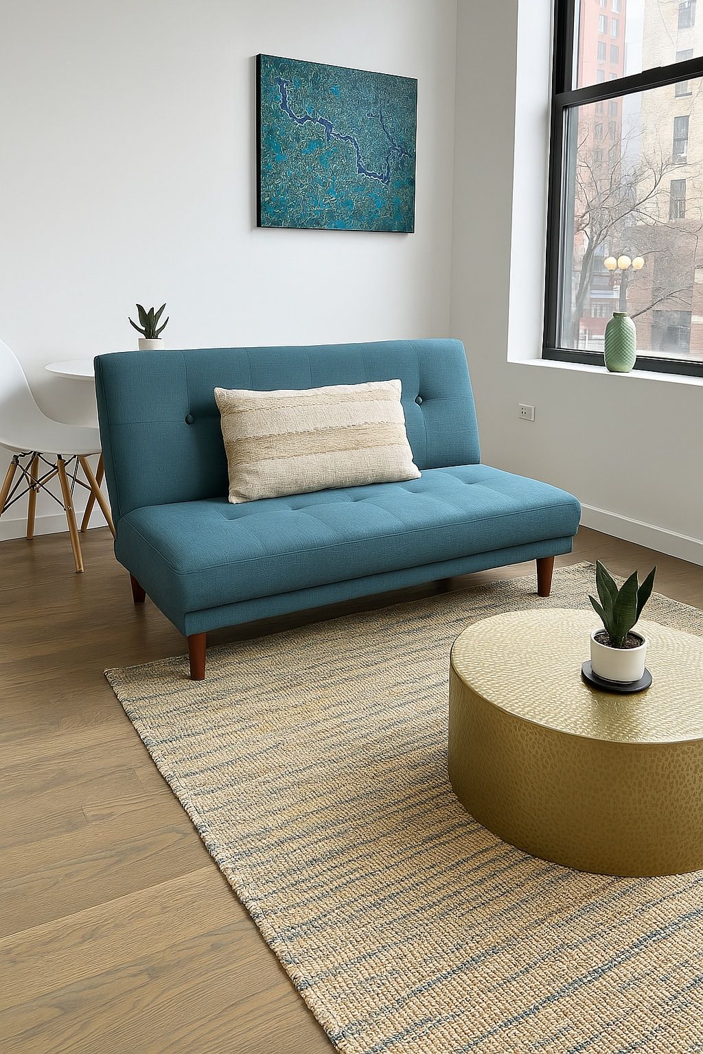 Ein smaragdgrünes Sofa mit einer gemusterten Kissen, ein gewebter Teppich, ein runder Couchtisch mit einer Pflanze und Blick auf eine Stadtkulisse durch ein Fenster.