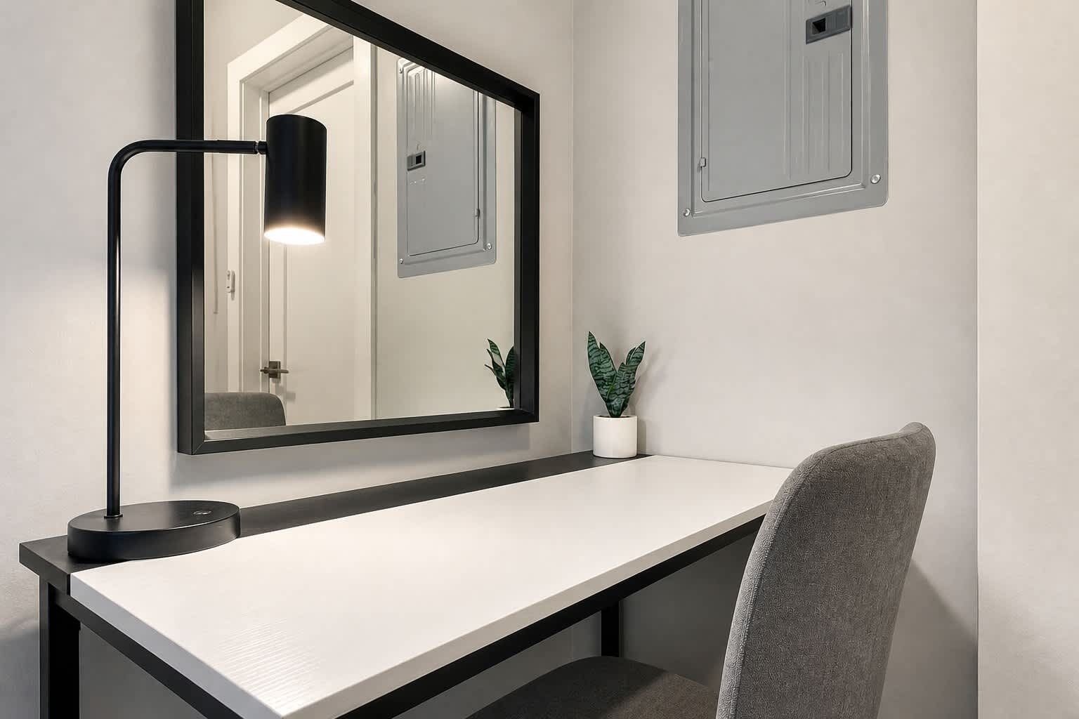 Un bureau moderne agrémenté d’un miroir, d’une lampe et de deux plantes en pot.