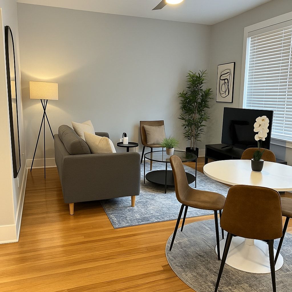Ein stilvolles Wohnzimmer mit einer Couch, Sesseln, einem Couchtisch, einem Fernseher und einer Pflanze.