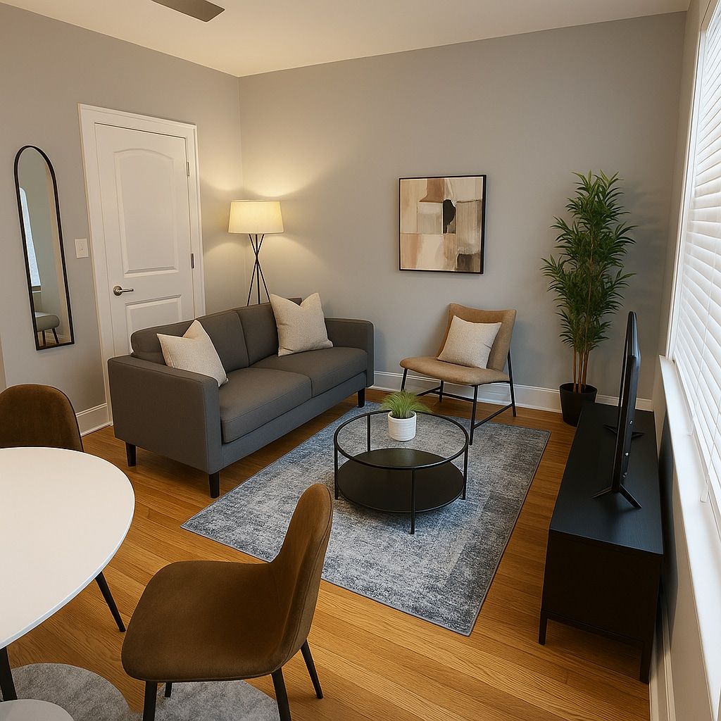 En moderne stue med en grå sofa, et rundt sofabord, et spisebord med stole, en gulvlampe, et billede og en potteplante.