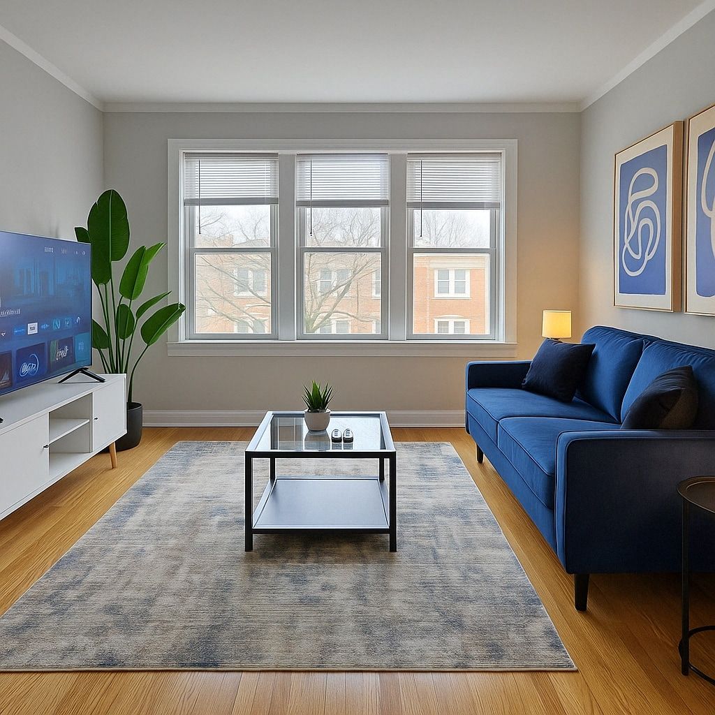 A living room with a blue sofa, a glass coffee table, a TV on a stand, and a large window with blinds.