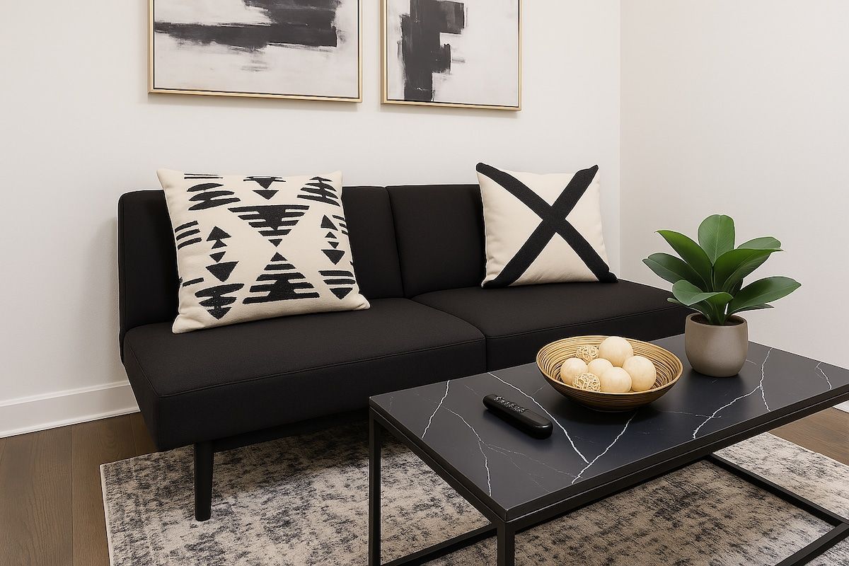 A modern living room with a black sofa, two patterned pillows, a remote control, a bowl of decorative items, and a potted plant.