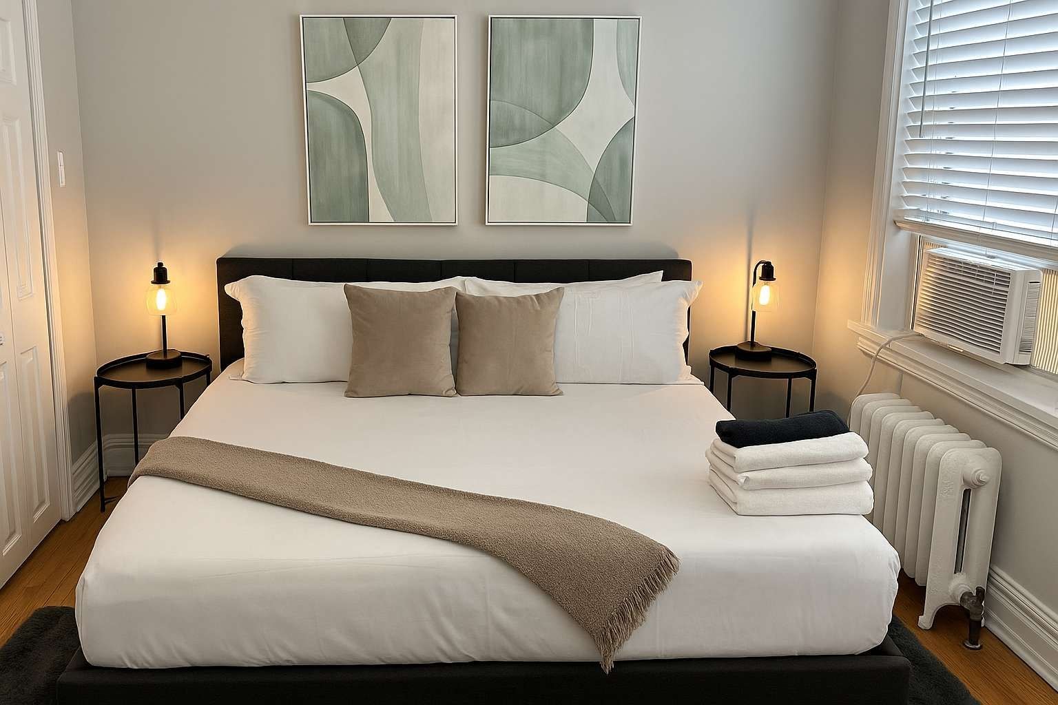 Un lit bien fait, avec du linge de lit blanc, deux tables de chevet avec des lampes et des œuvres d’art abstraites accrochées au mur.