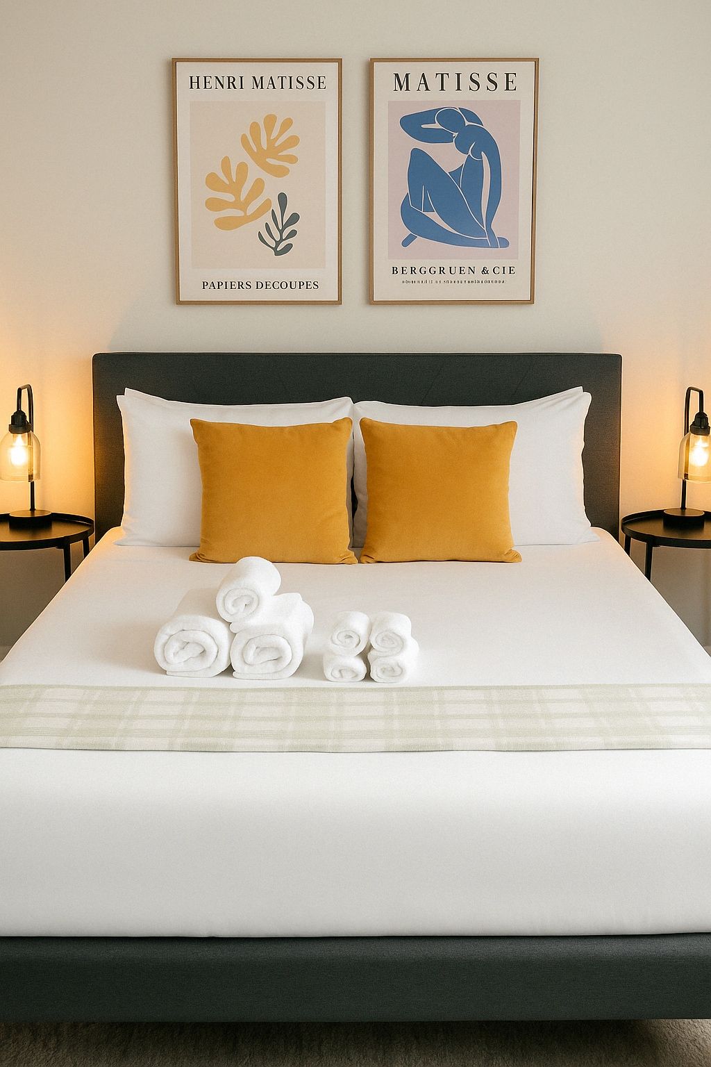 A neatly made bed with white and mustard pillows, two framed artworks above it, and rolled towels on the bed.