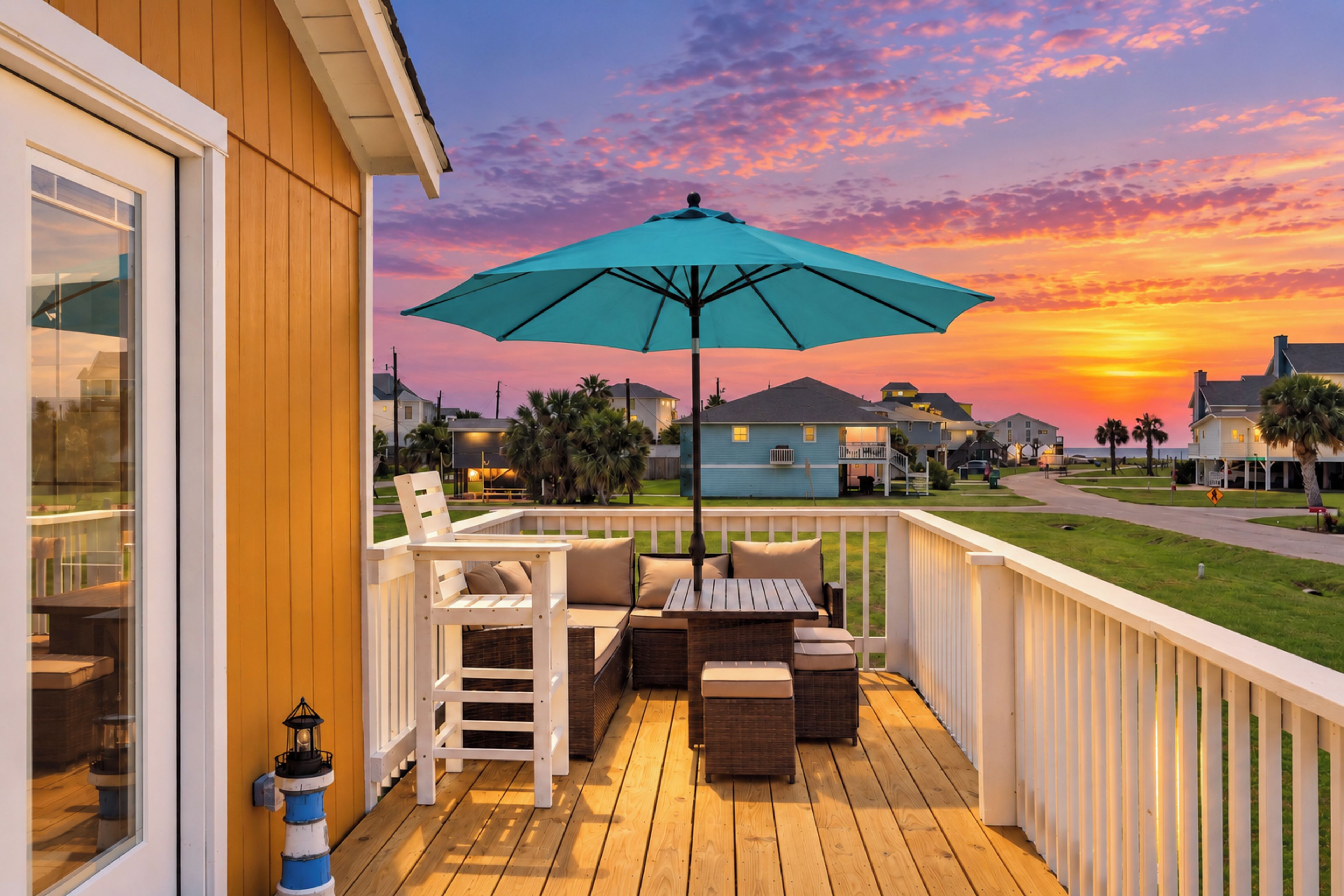 A wooden deck with outdoor furniture, a table, and a blue umbrella.