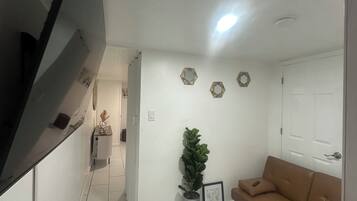 A hallway with a brown sofa, a potted plant, and decorative wall art.