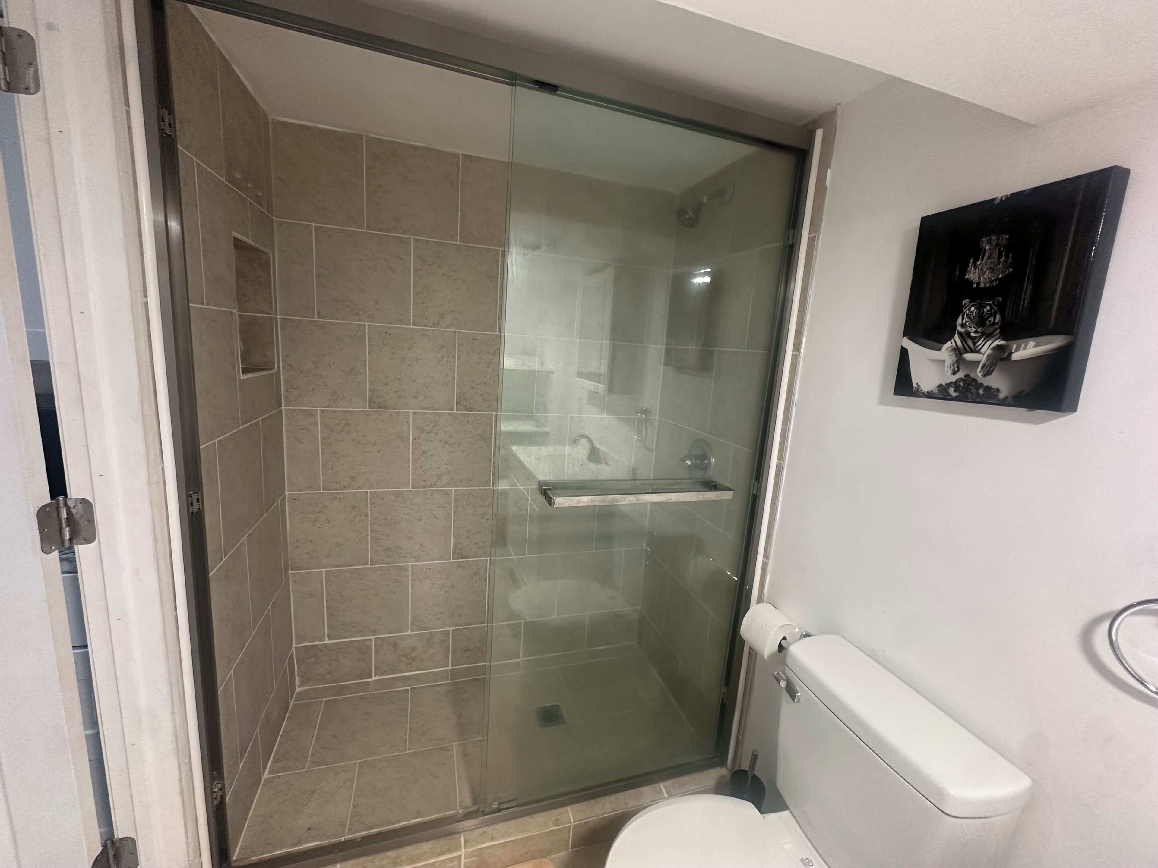 Un baño con ducha envuelta en vidrio, inodoro y toallero.