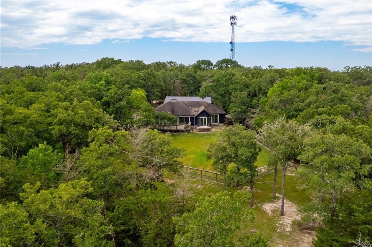 Une maison entourée d’une forêt dense, sous un ciel dégagé.