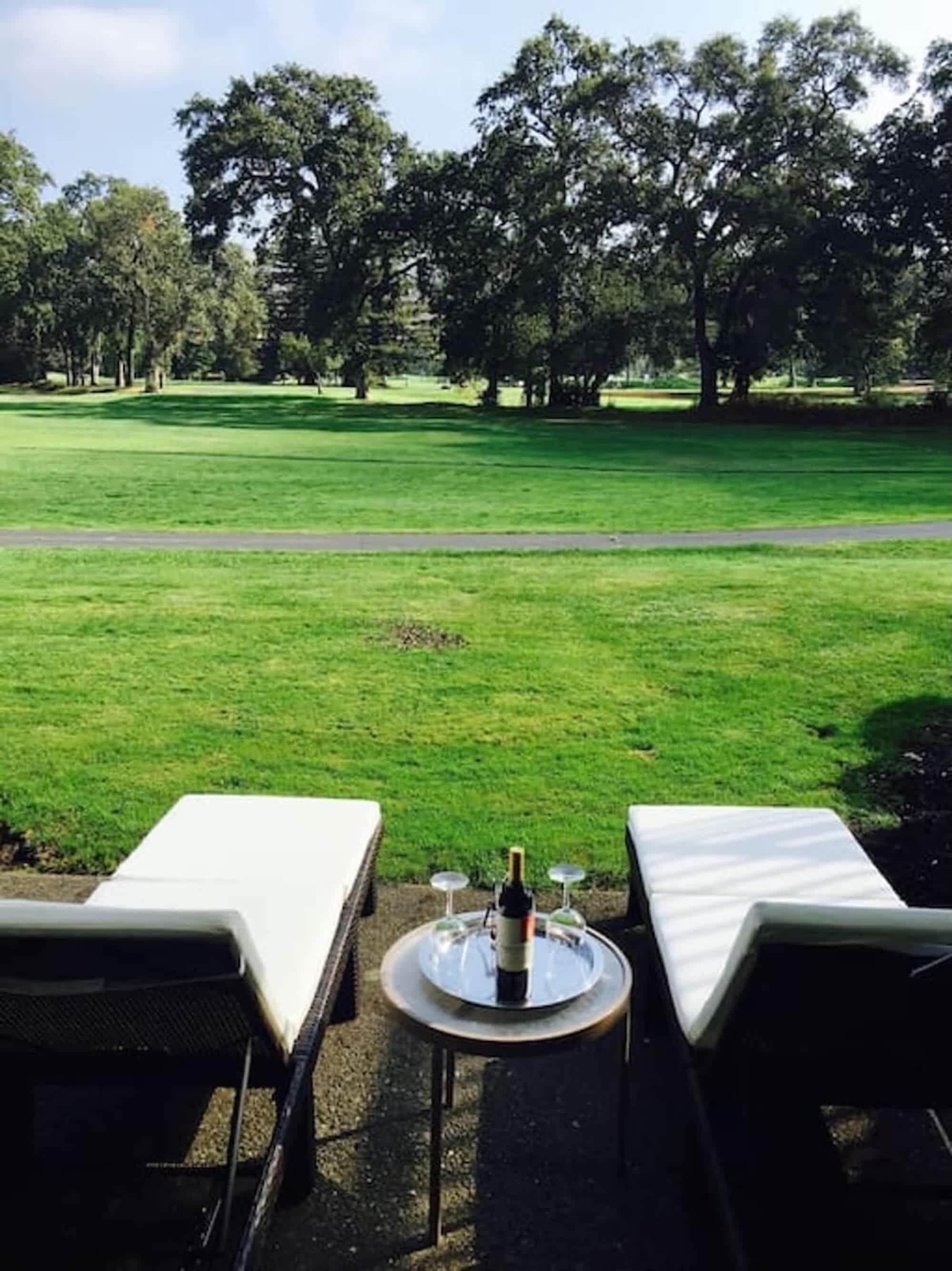 A view from a lounge area with a table and chairs, overlooking a grassy field and trees.