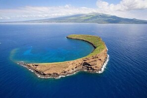 An aerial view of a crescent-shaped island with clear blue waters and a rocky coastline. - 2 Bedrooms Condo, Steps From the Beach (Kihei)