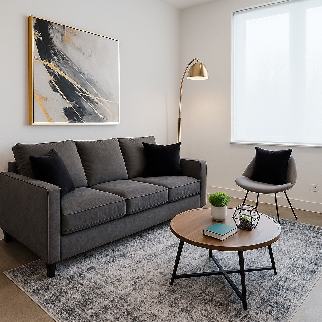 Un salon moderne avec un canapé gris, une table basse ronde, un lampadaire et un grand tableau abstrait accroché au mur.