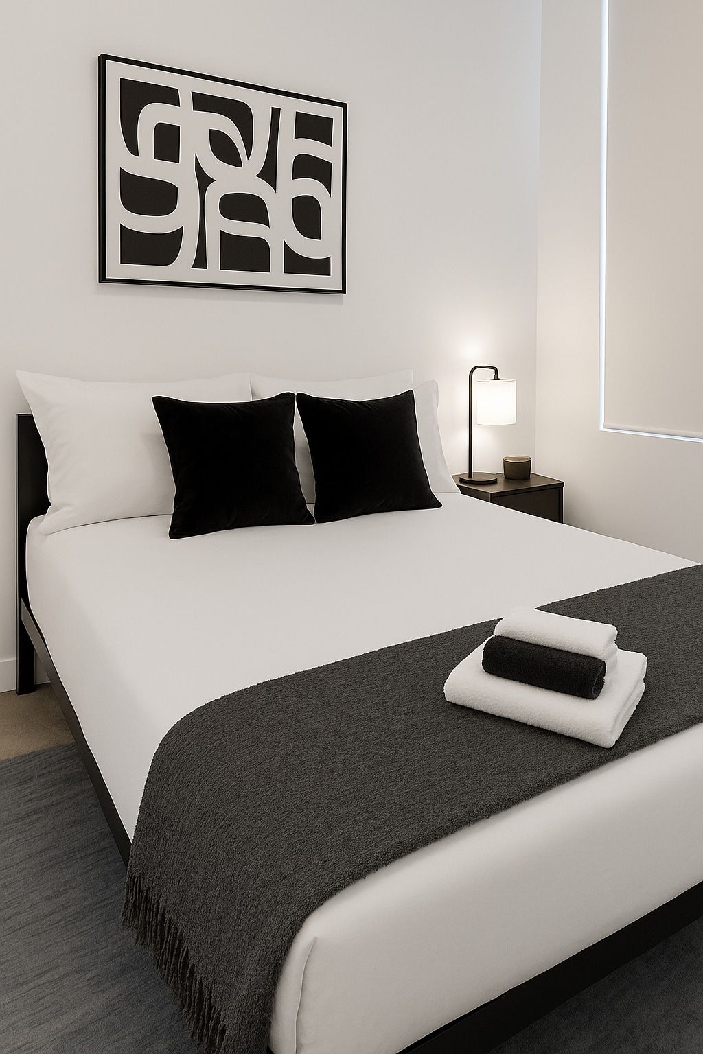 Une chambre d’hôtel avec un lit, une table de chevet, une lampe et une œuvre d’art murale.