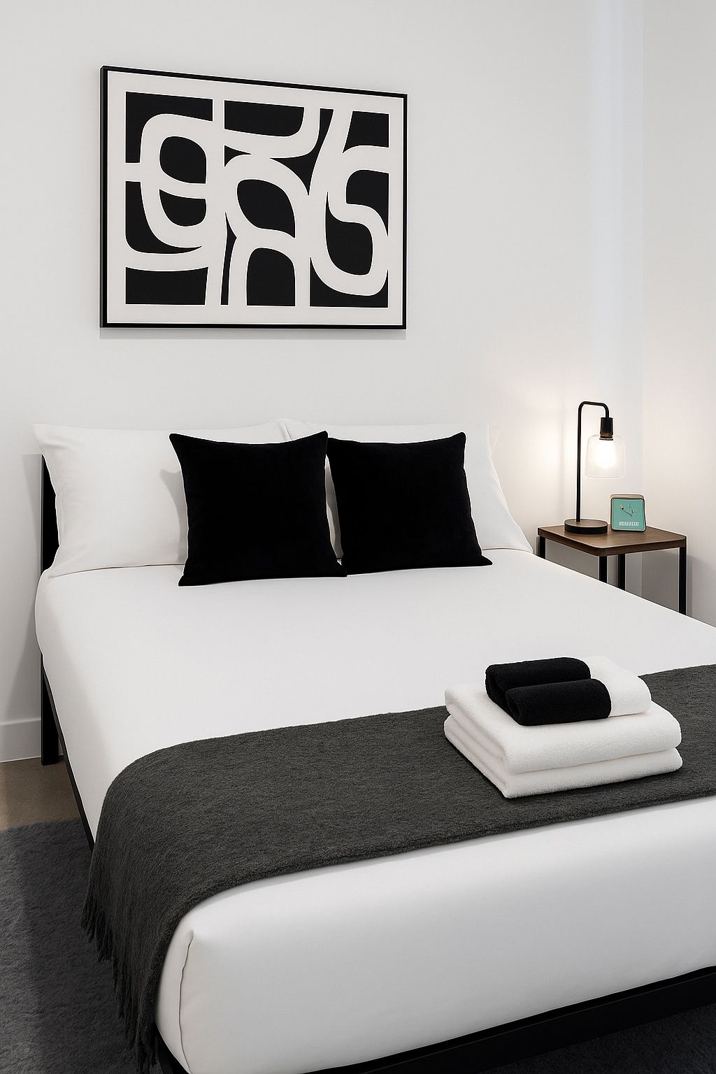 A modern bedroom with a bed, pillows, a bedside table with a lamp, and a wall art piece.