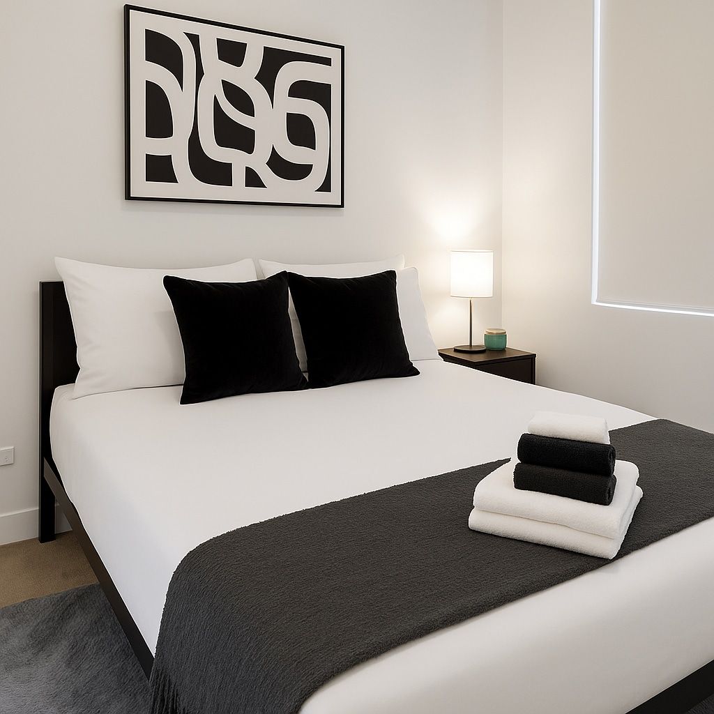 Una habitación de hotel con una cama, almohadas, una mesita de noche, una lámpara y una obra de arte en la pared.