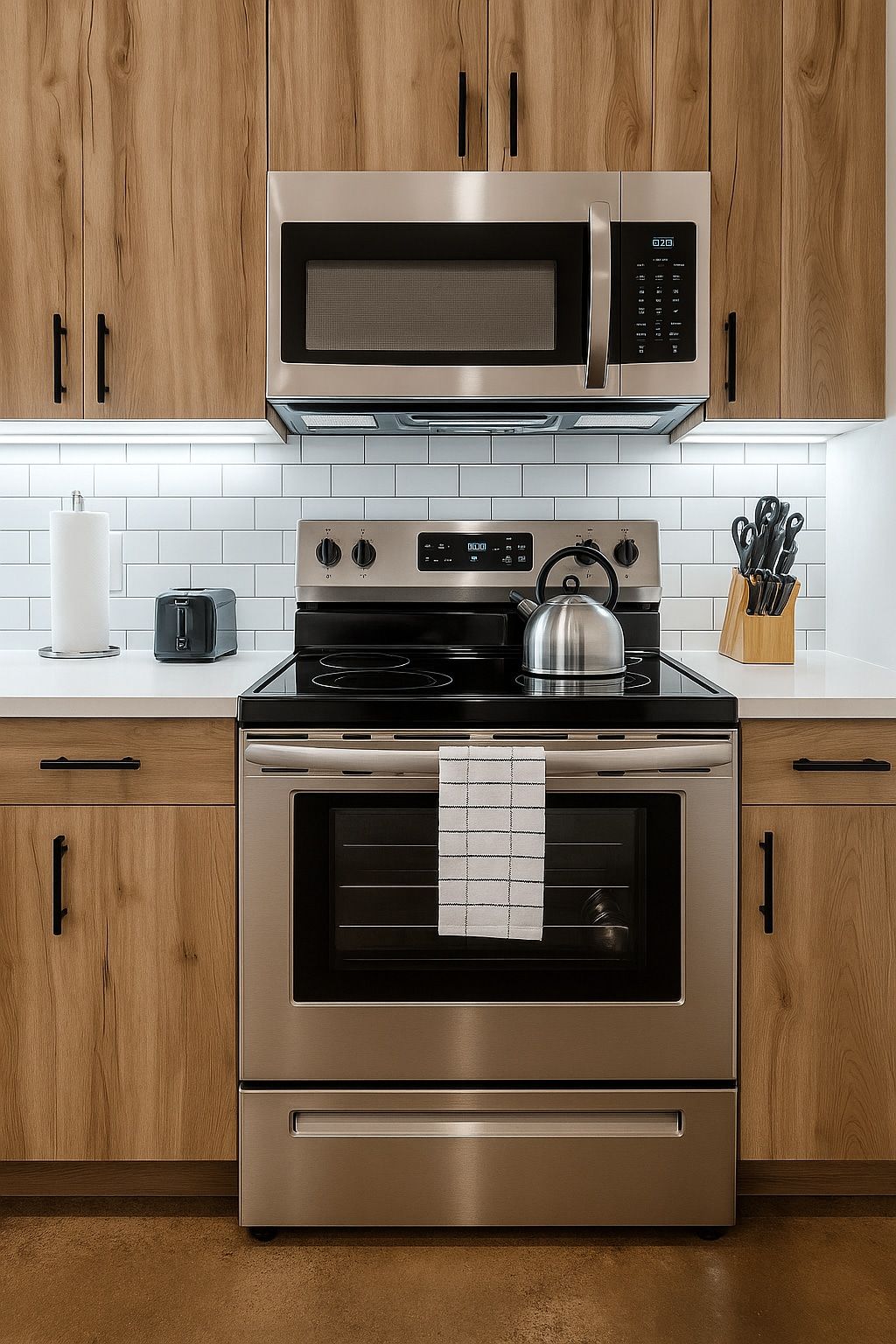 Une cuisine équipée d’appareils électroménagers en acier inoxydable, de meubles en bois, d’un crédence carrelée de carreaux blancs et d’une bouilloire posée sur la cuisinière.