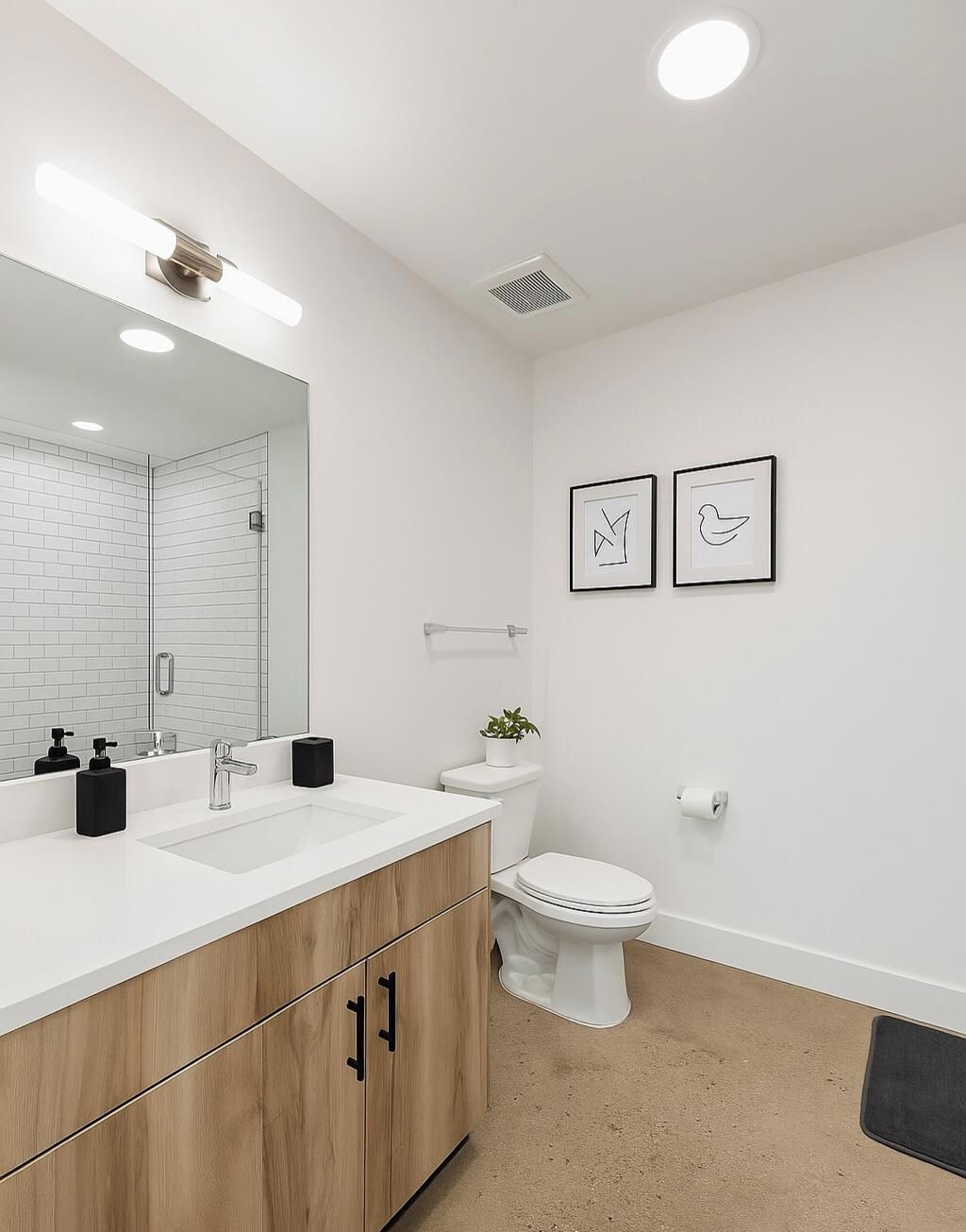 A modern bathroom with a white sink, mirror, and toilet. There are two framed pictures on the wall and a small plant on the counter.