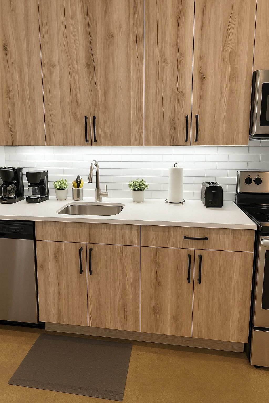 Une cuisine moderne avec des meubles en bois, des appareils en acier inoxydable et un plan de travail blanc.