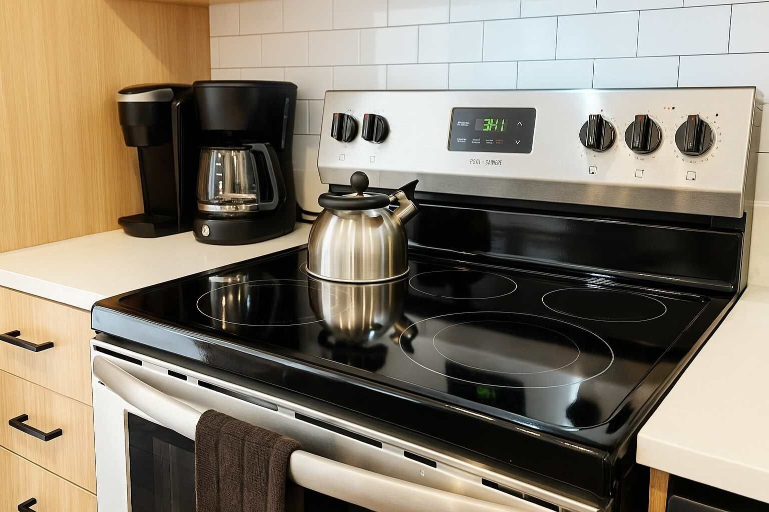 A kitchen with a black stove, a coffee maker, and a kettle.