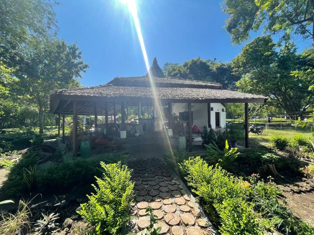 A rustic hut with a thatched roof, surrounded by lush greenery and a stone pathway leading to it.