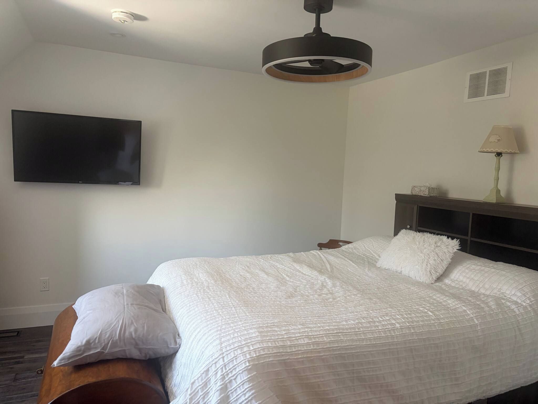 Habitación de hotel con una cama, televisor de pantalla plana, luz de techo, mesita de noche y tocador.