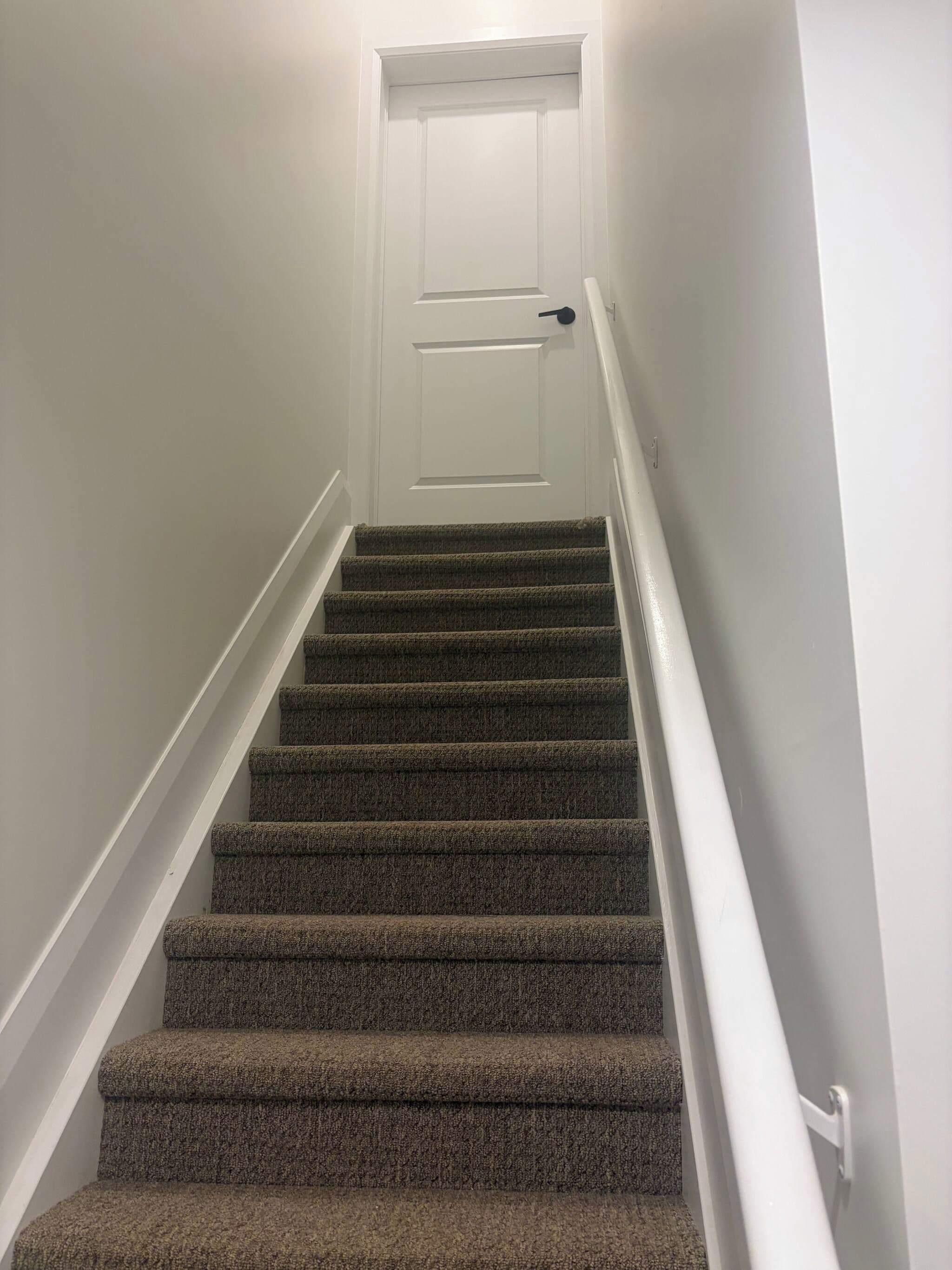Una escalera con peldaños alfombrados que conduce a una puerta blanca.