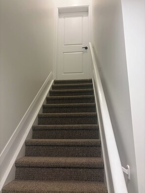 A staircase with carpeted steps leading to a white door. - Entire Private one Bedroom Apartment Alton, Ont (Caledon)