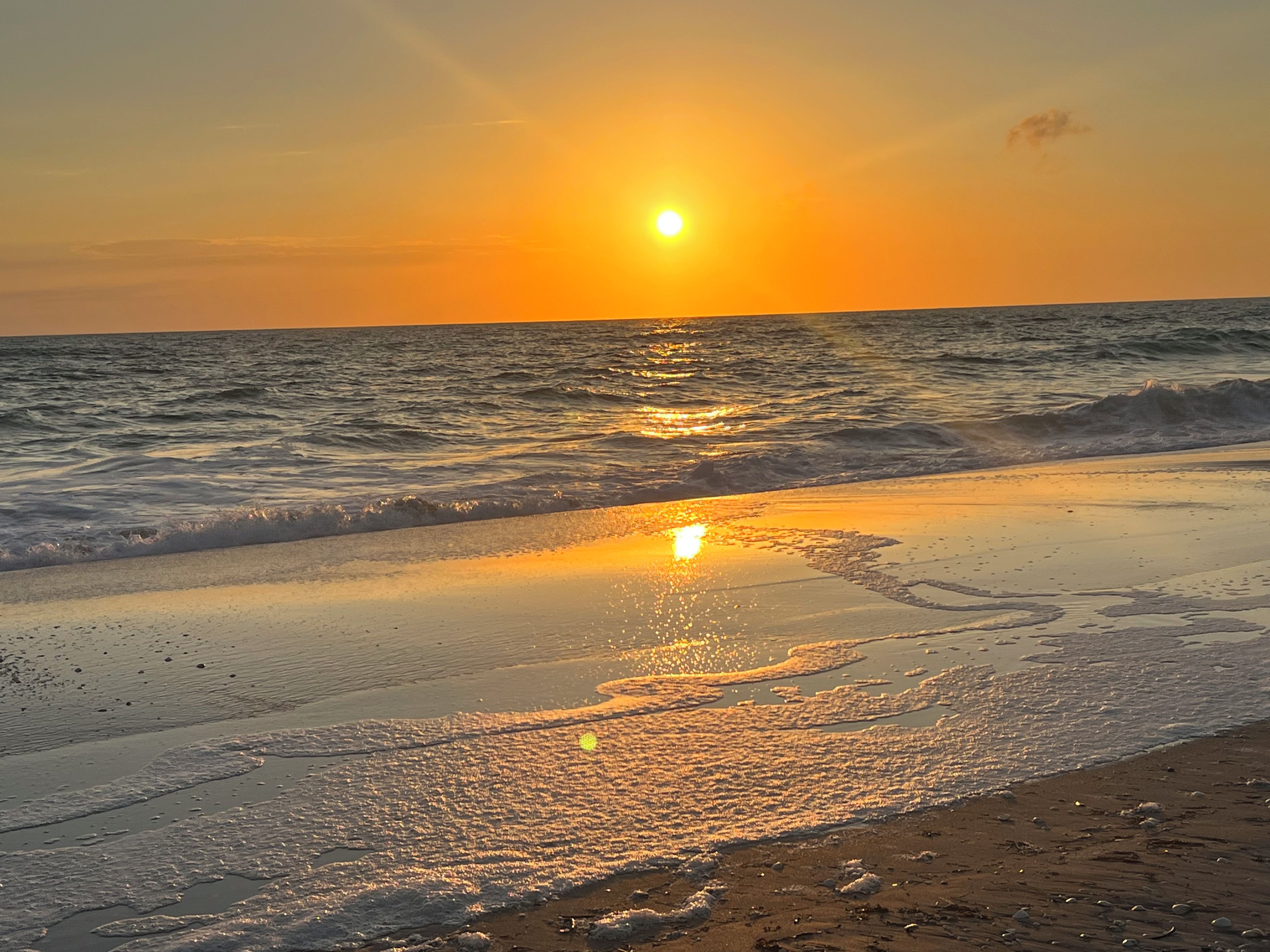 Una playa con el sol poniéndose sobre el océano, olas acariciando suavemente la orilla.