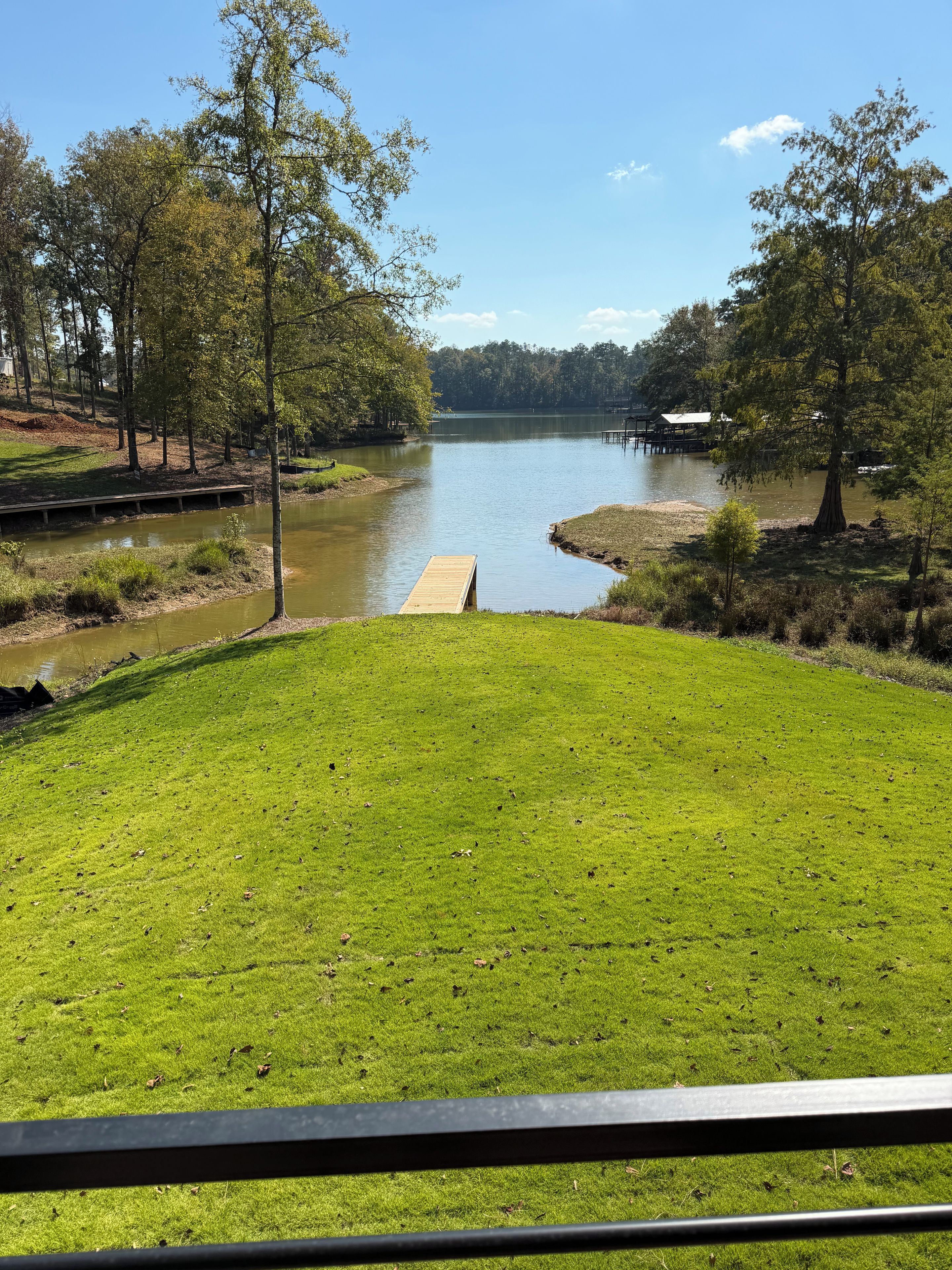 A grassy area with a wooden dock extending into a calm lake, surrounded by trees.