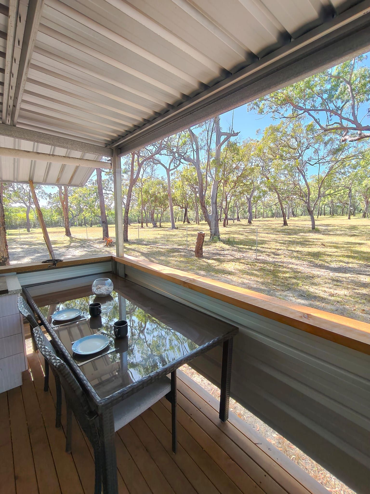 An outdoor dining area with a glass table and chairs, a view of a tree-lined park.